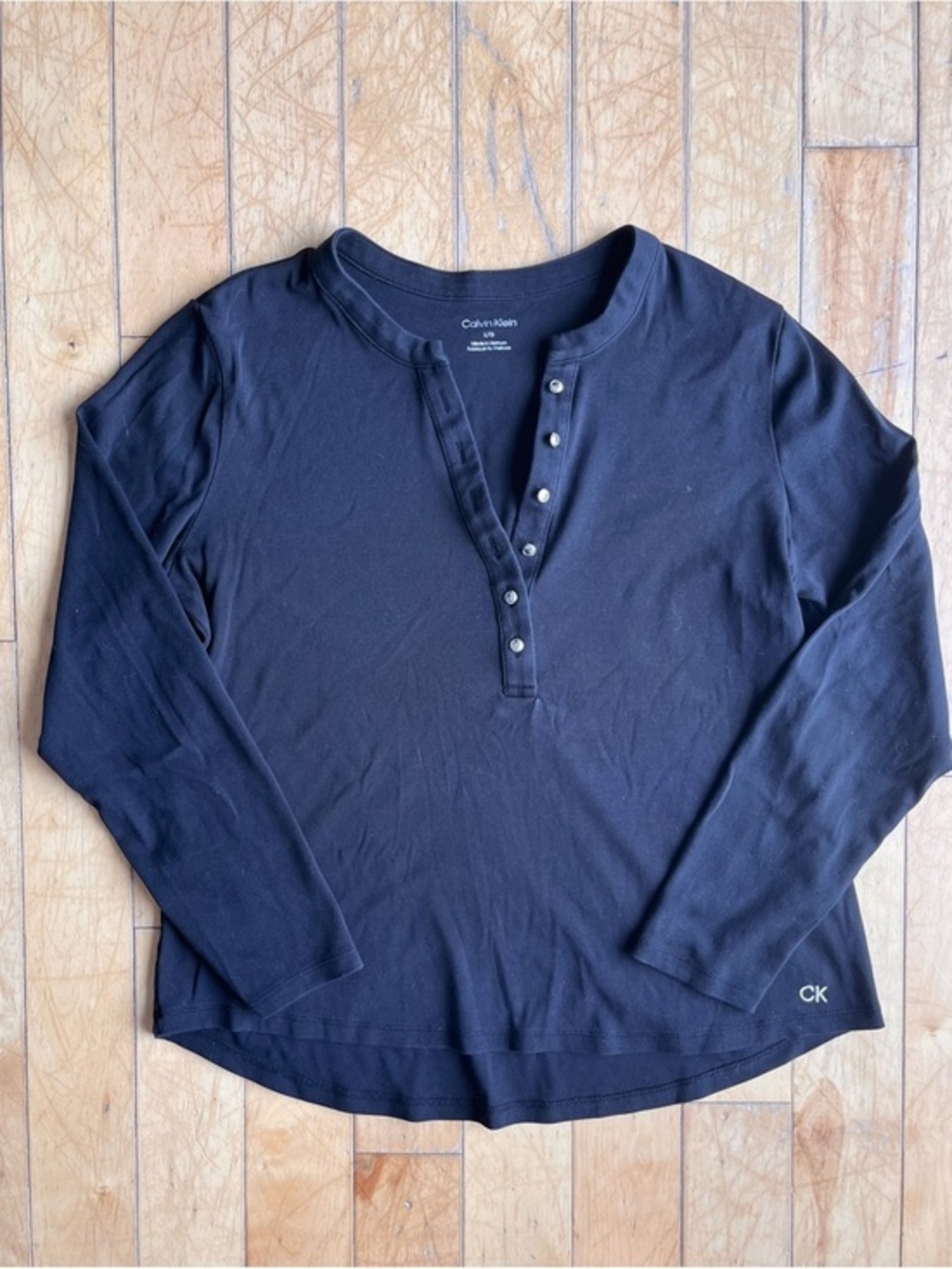 Calvin Klein 95% Cotton Minimalist Black Henley Long Sleeve Top Size Large